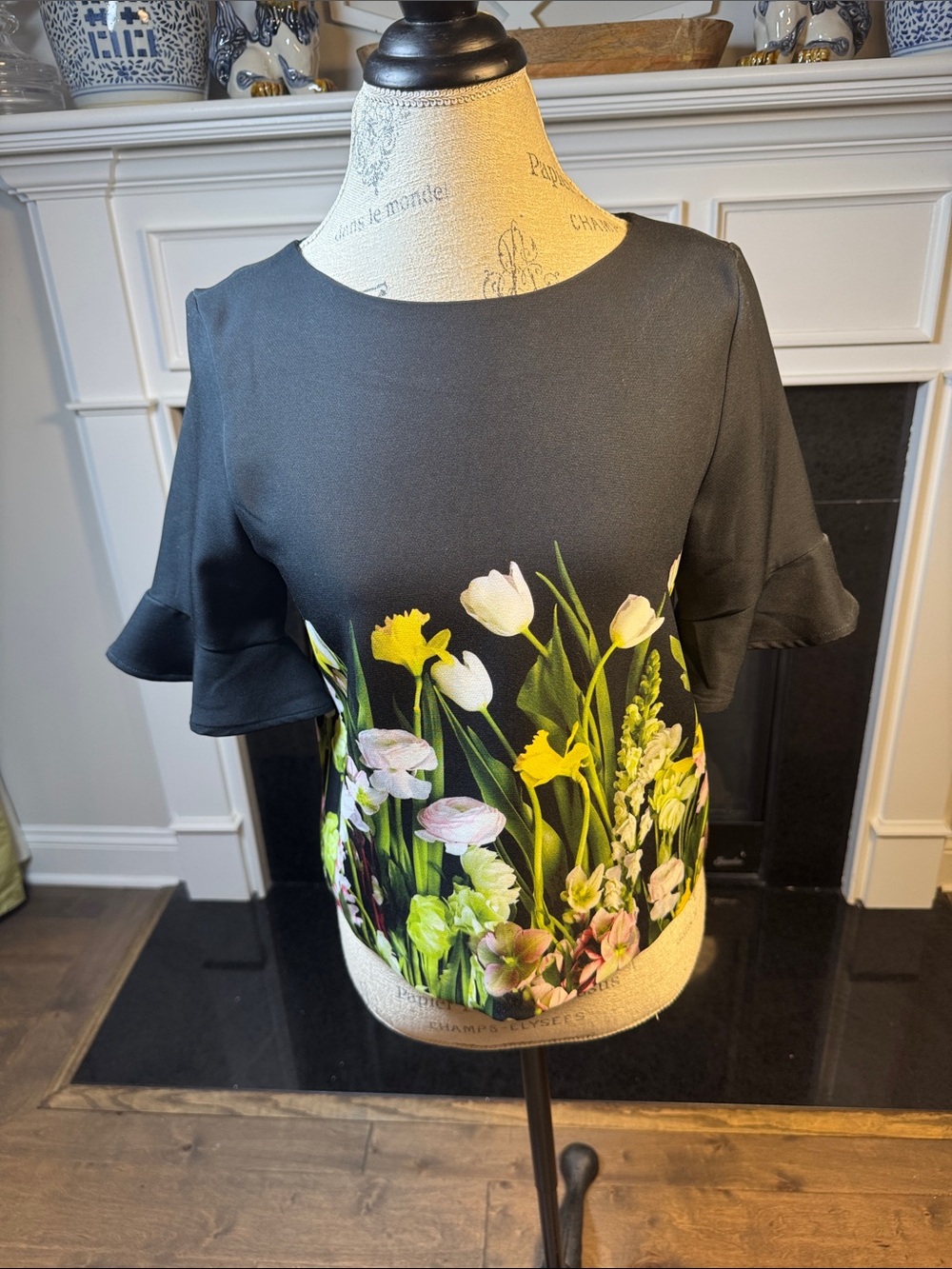 Victoria Beckham Black Floral-Print Short Sleeve Top